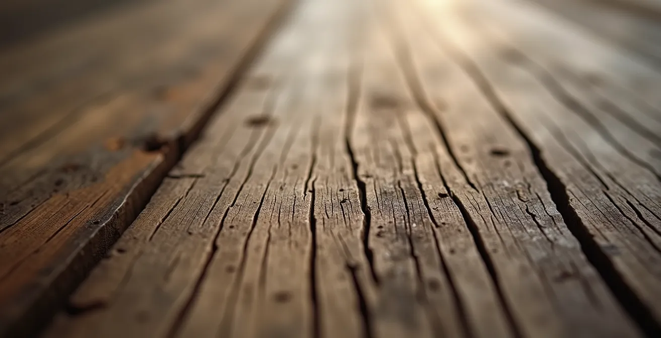 Gros plan macro sur les détails et la texture profonde d'un plancher de bois ancien révélant la richesse du grain