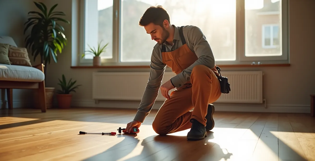 Technicien utilisant un humidimètre sur plancher bois dans pièce lumineuse