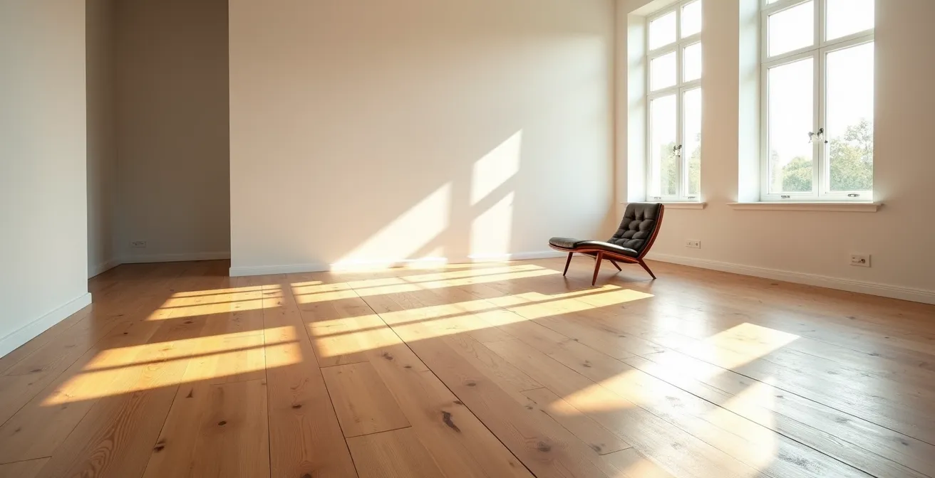 Vue large d'un salon épuré mettant en valeur un plancher de bois ancien restauré dans un environnement minimaliste