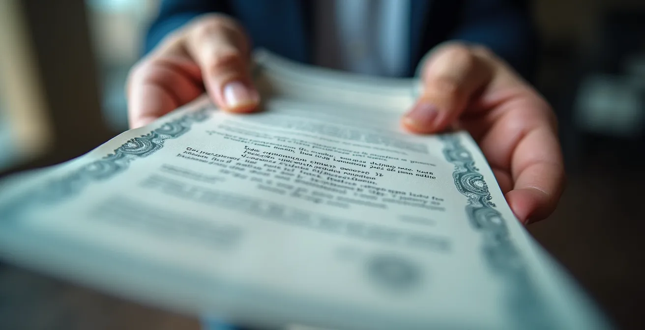 Gros plan sur mains tenant attestations avec motifs abstraits et cachets