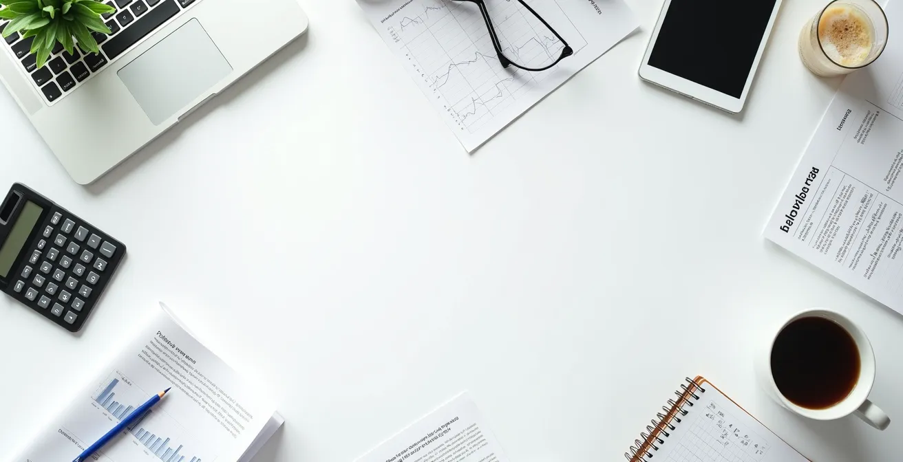 Bureau avec documents d'entreprise, calculatrice et graphiques financiers